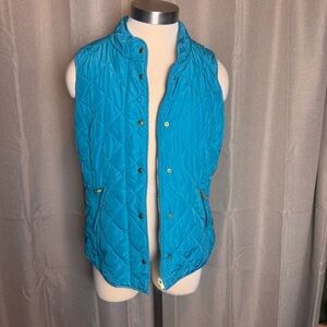 Blue quilted vest with gold buttons & zipper pockets